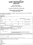 IHOP Restaurant Employer Application for Employment form