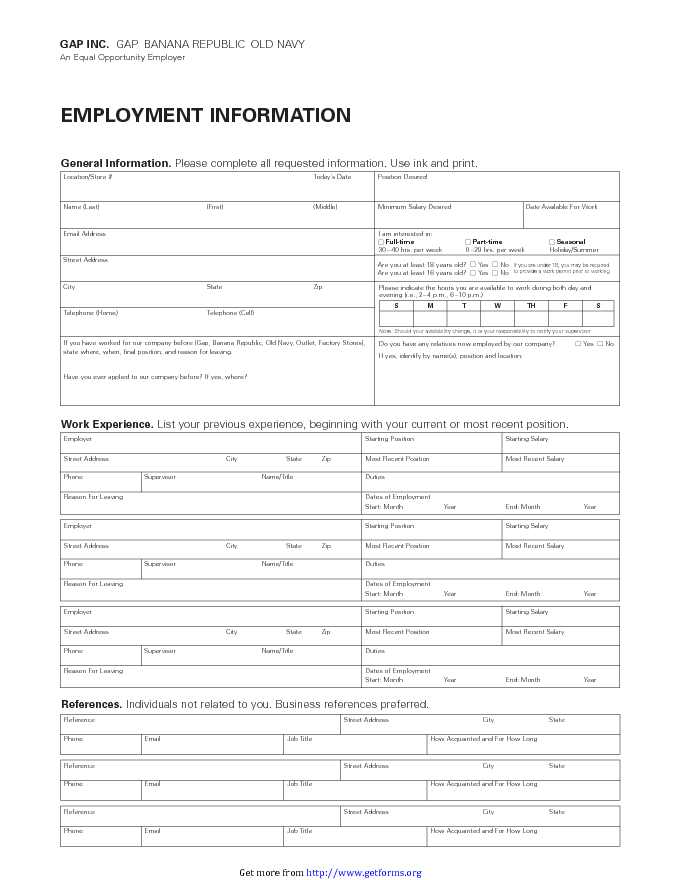 Gap - Old Navy - Banana Republic | Job Application Form