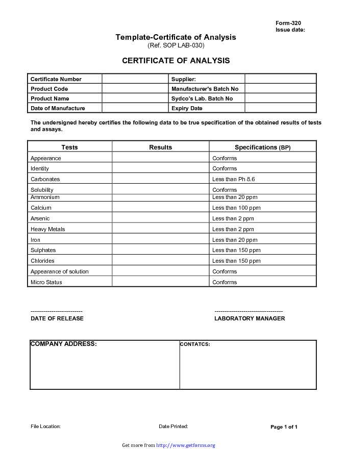 Certificate of Analysis Template