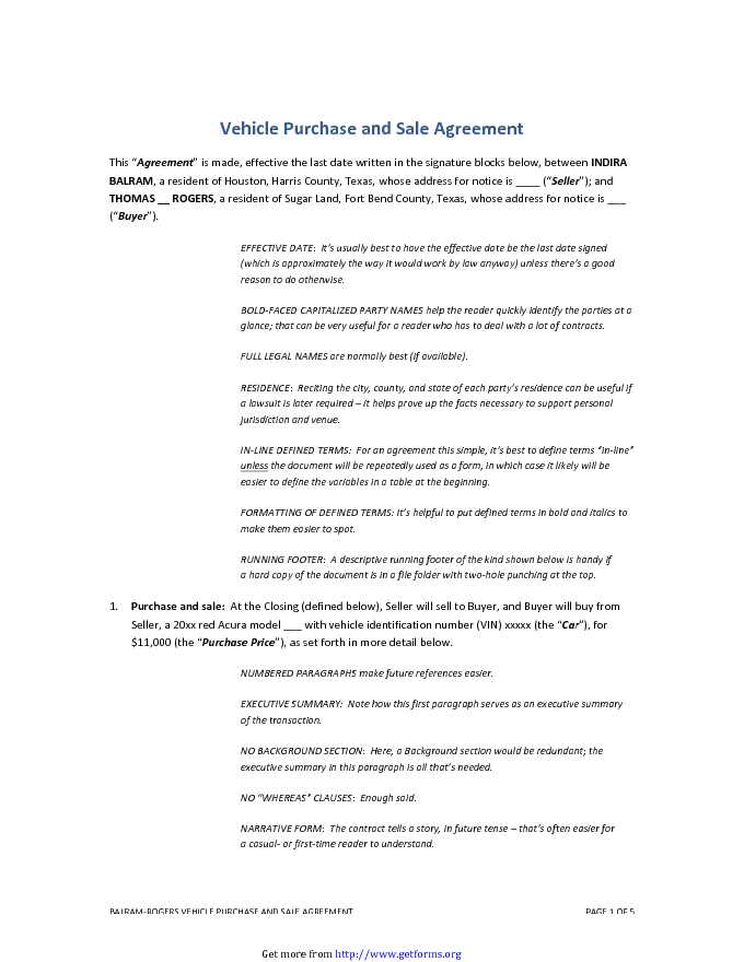 Vehicle Purchase and Sale Agreement