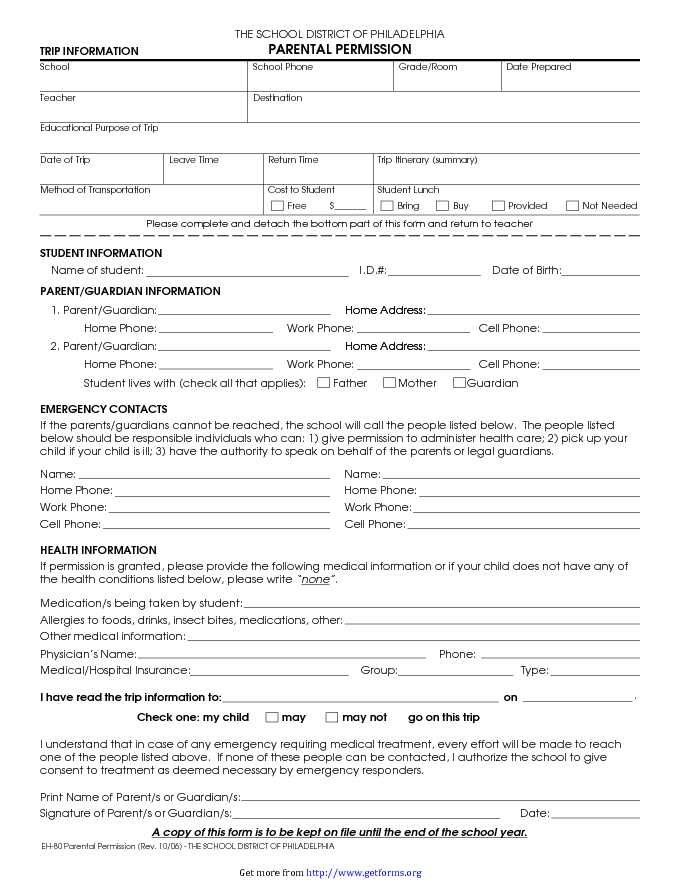 Parent Permission Form For A Field Trip