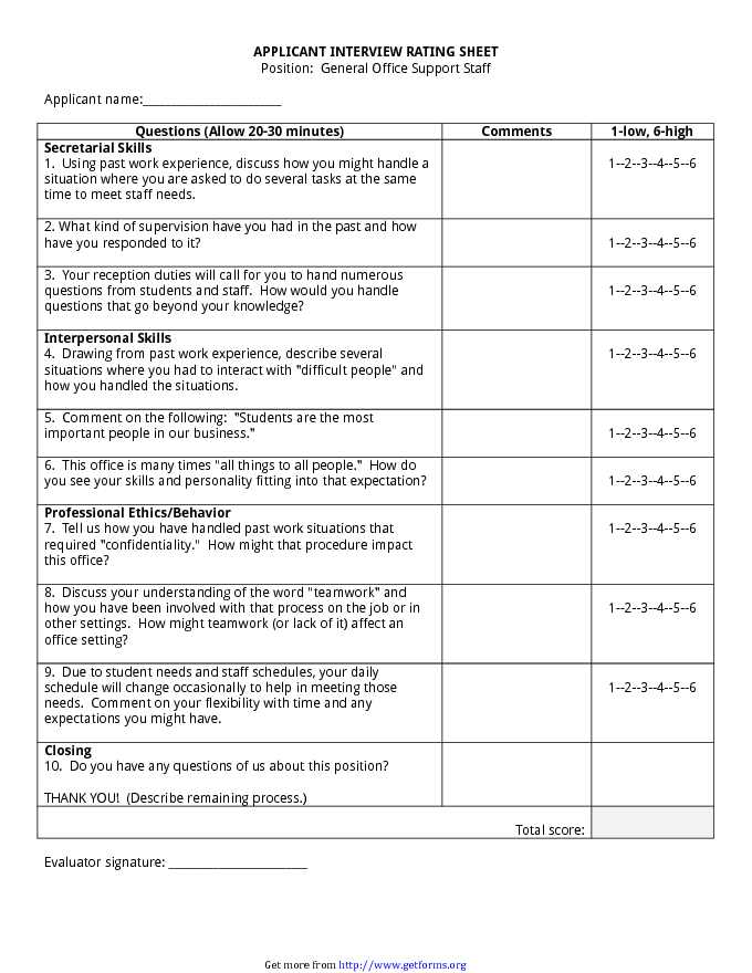 Applicant Interview Rating Sheet