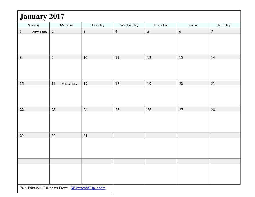 2017 Monthly Calendar 1
