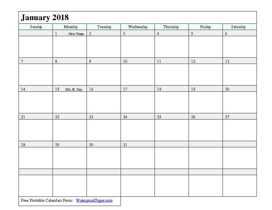 2018 Monthly Calendar 1