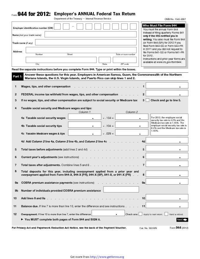 Form 944 For 2012