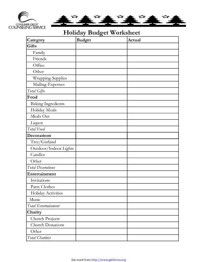 Holiday Budget Worksheet