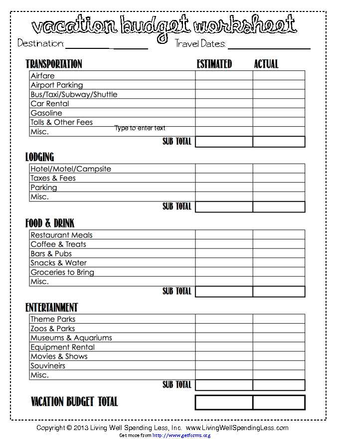 Vacation Budget Worksheet