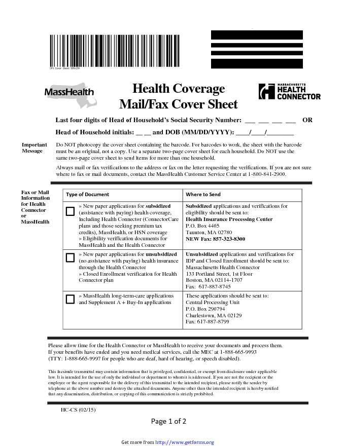 Masshealth Health Coverage Mail/Fax Cover Sheet