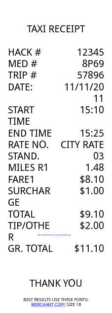 Taxi Cab Receipt Template