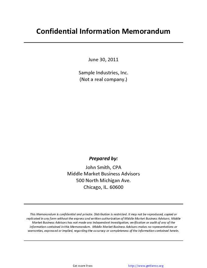 Sample Confidential Information Memorandum Template 1