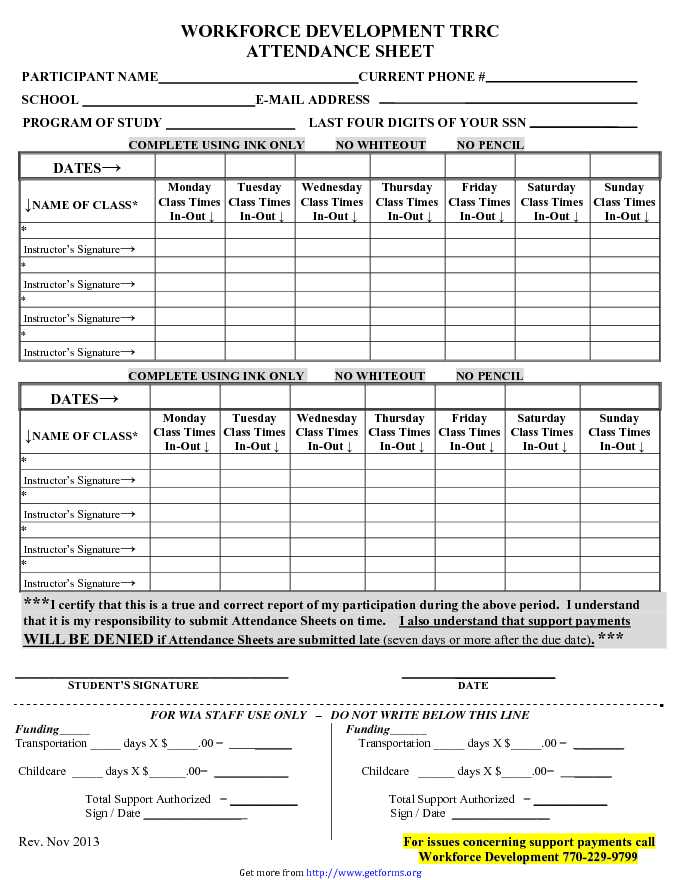 Sample Attendance Sheet