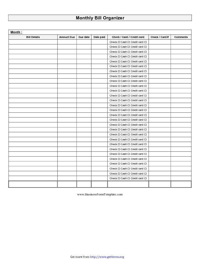 Monthly Bill Organizer Chart