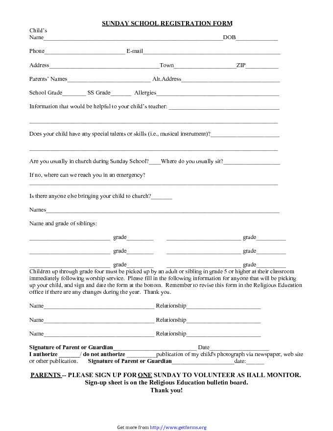 Sunday School Registration Form