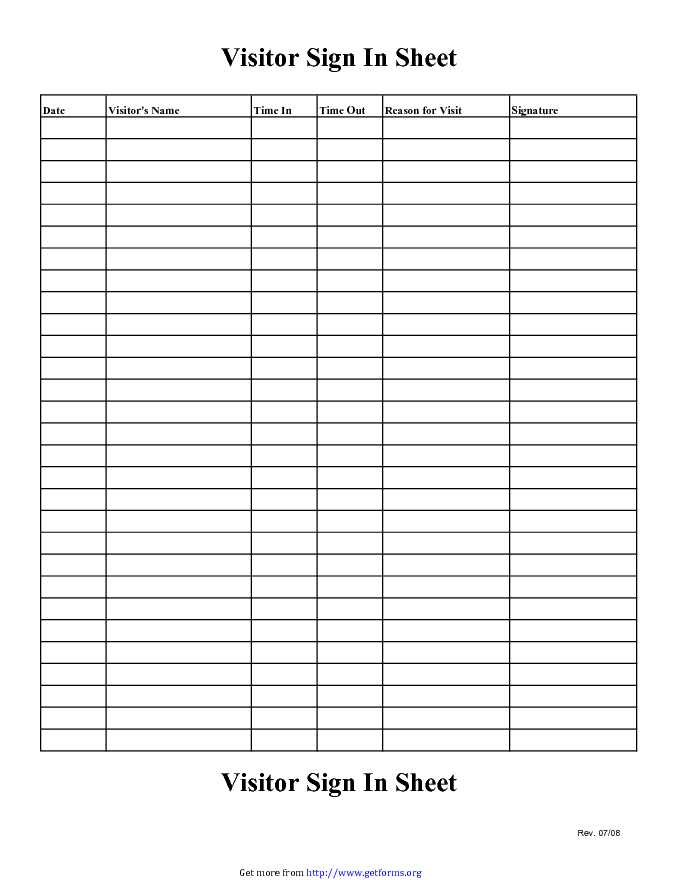 Visitor Sign in / Sign out Sheet