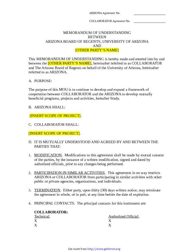 Arizona Memorandum of Understanding Template