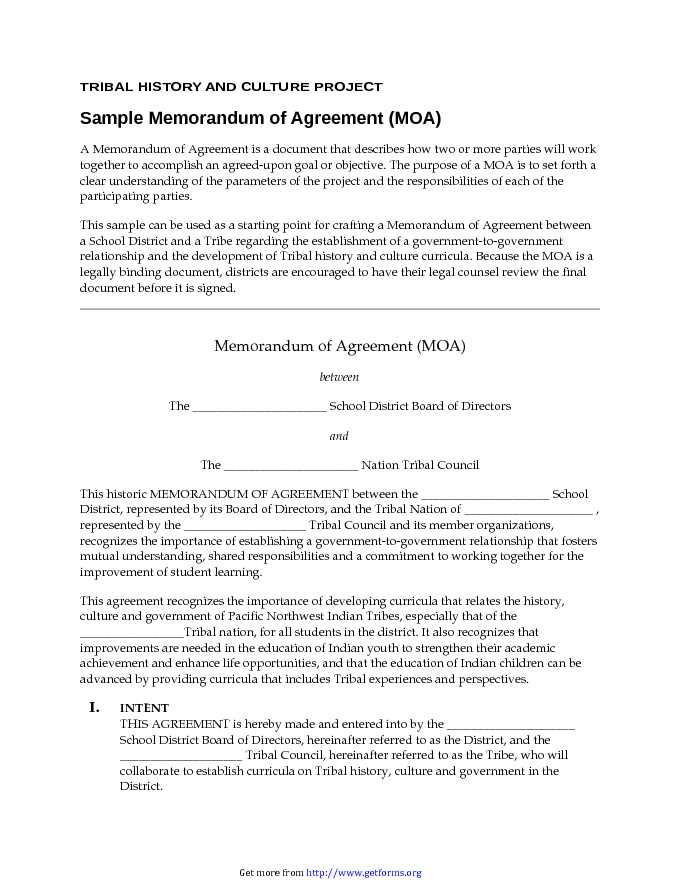 Sample Memorandum of Agreement