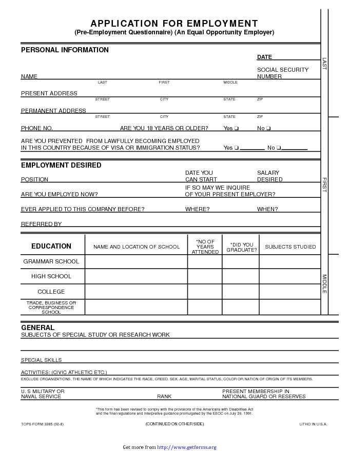Application for Employment Form