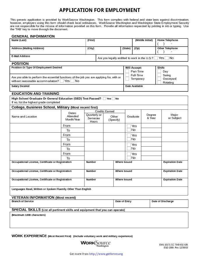 General Application for Employment Form