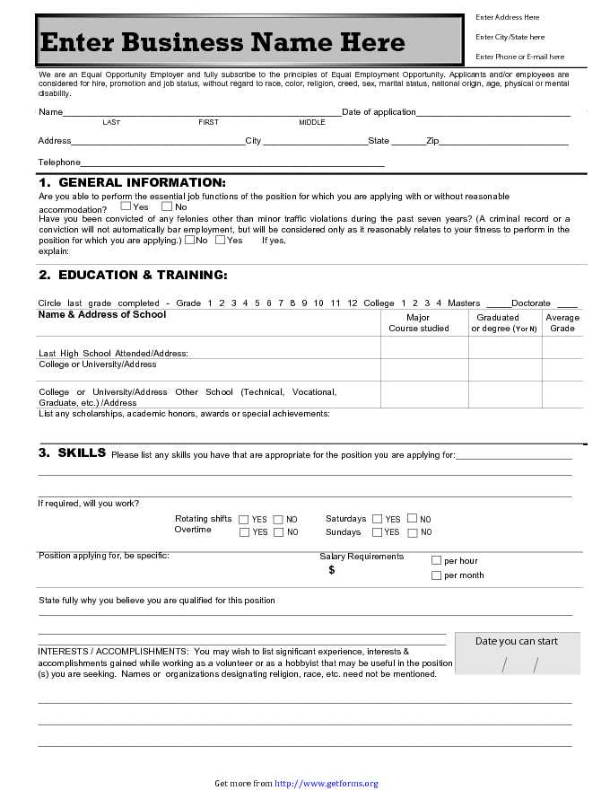 Generic Application for Employment Form