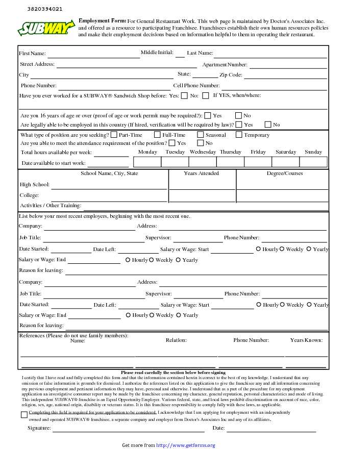 Subway Employment Application