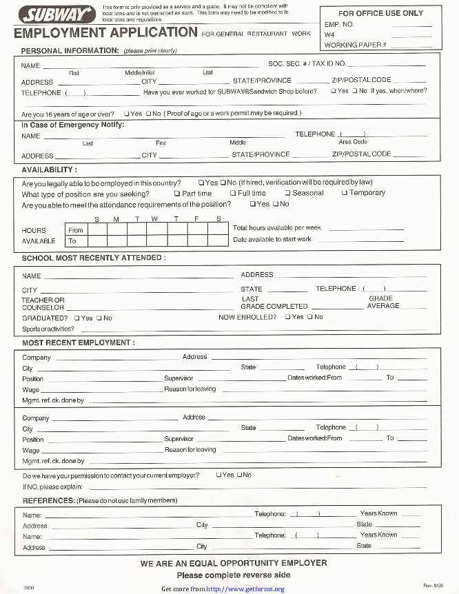 Subway Employment Form