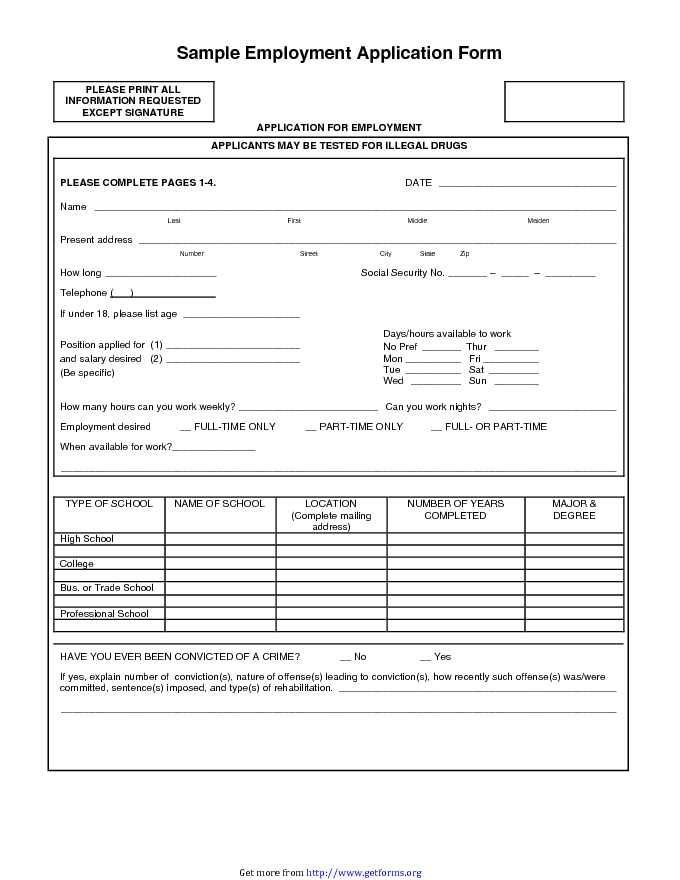 Sample Employment Application Form