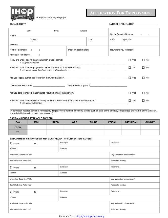 IHOP Application for Employment (Fillable)