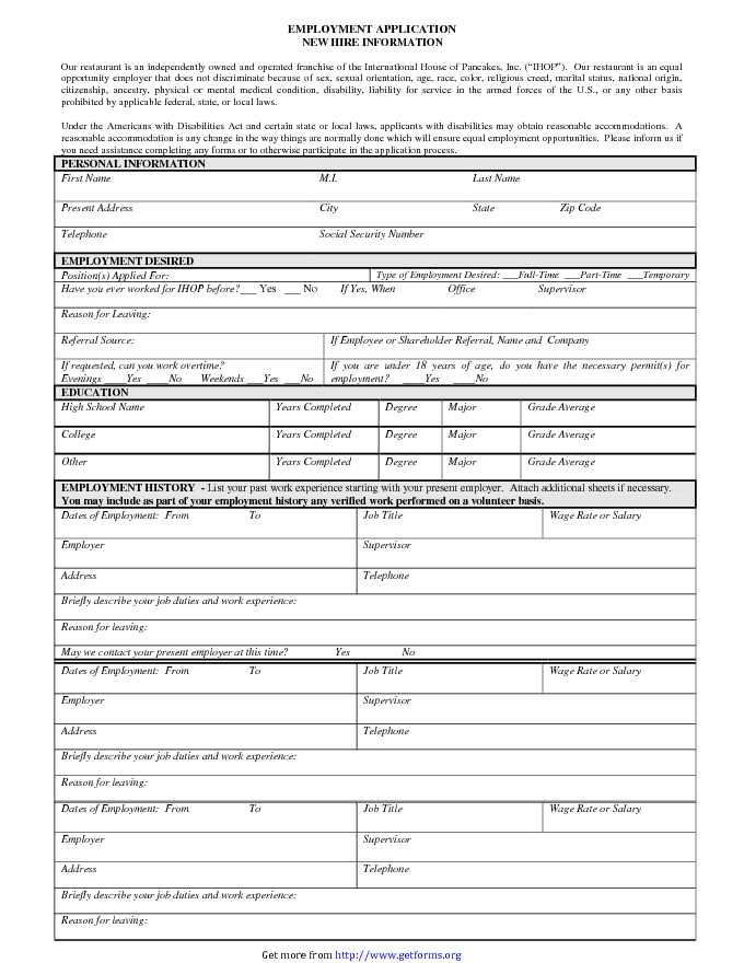 IHOP Employment Application New Hire Information