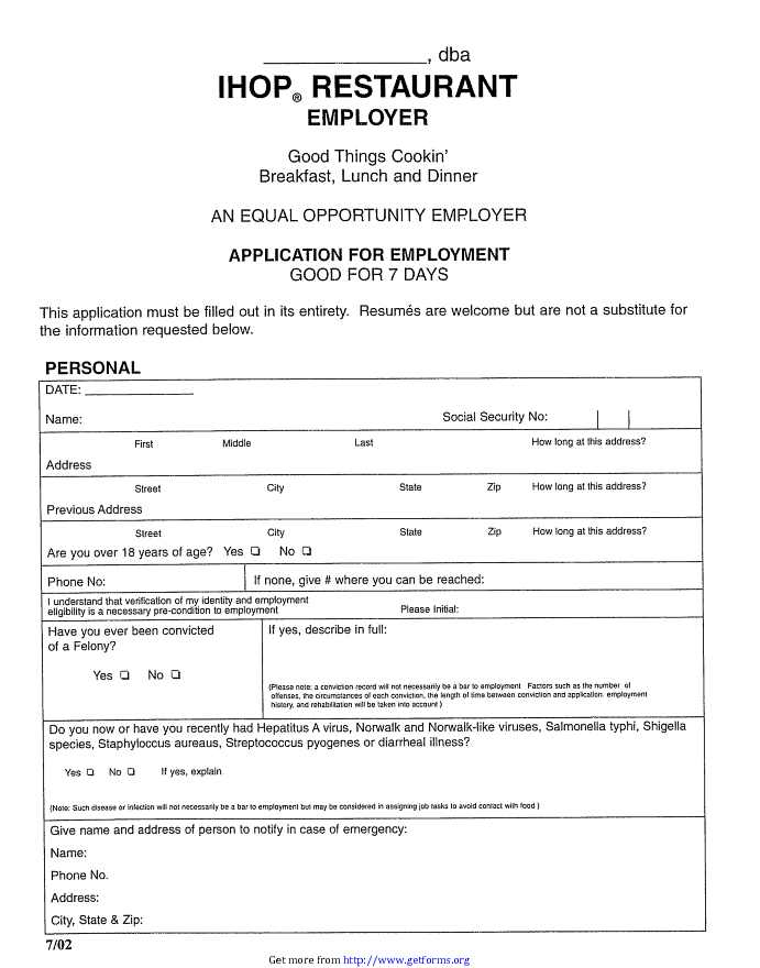 IHOP Restaurant Employer Application for Employment