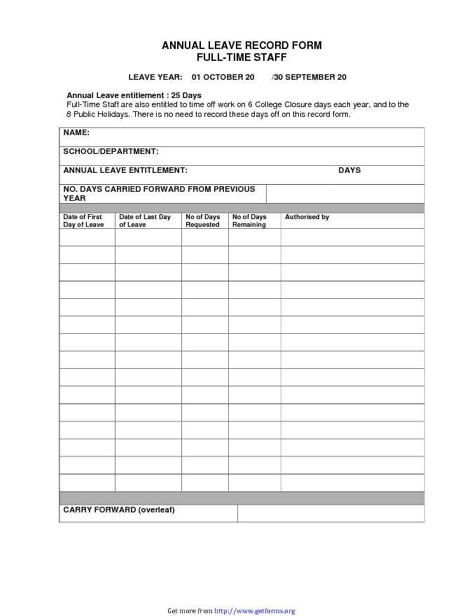 Annual Leave Record Form Full-time Staff