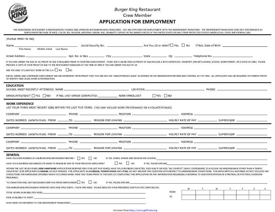 Burger King Application Form