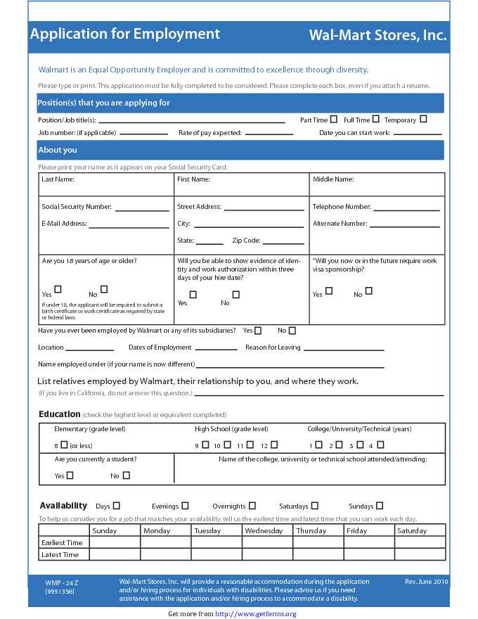 WalMart Application for Employment