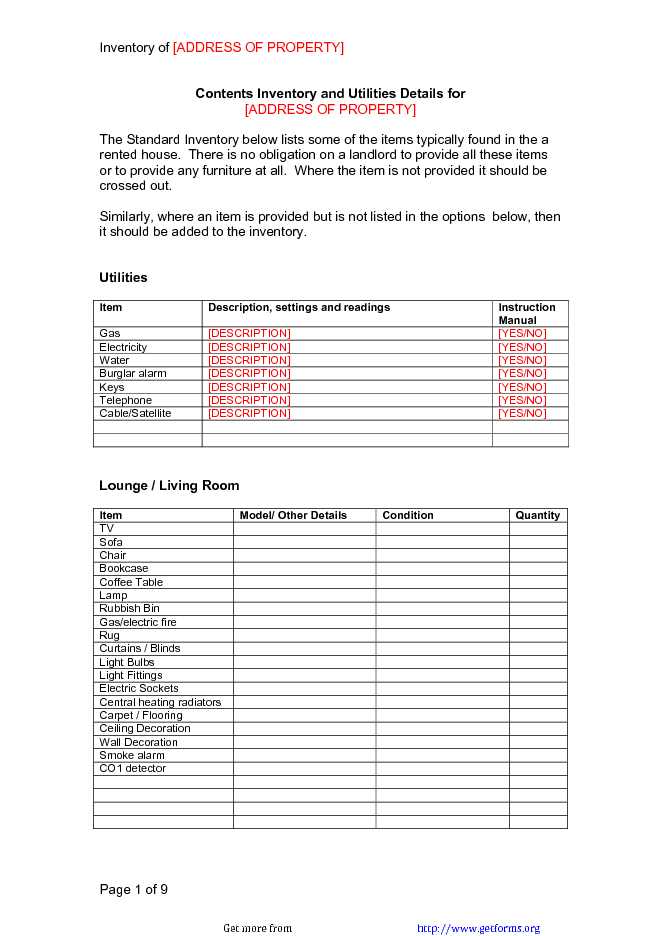 Inventory Template for a Rented Property