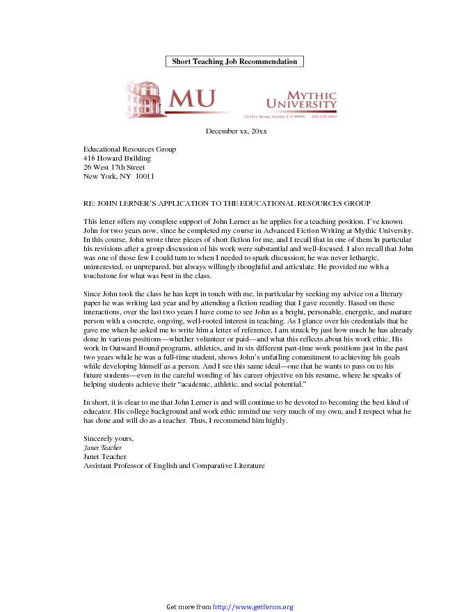 Sample Letter of Recommendation For Teaching Position