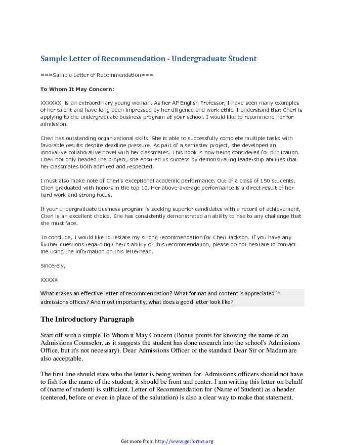 Sample Letter of Recommendation For Undergraduate Student