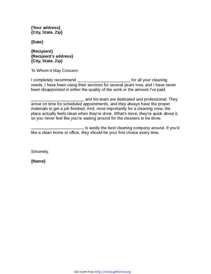 Cleaning Recommendation Letter