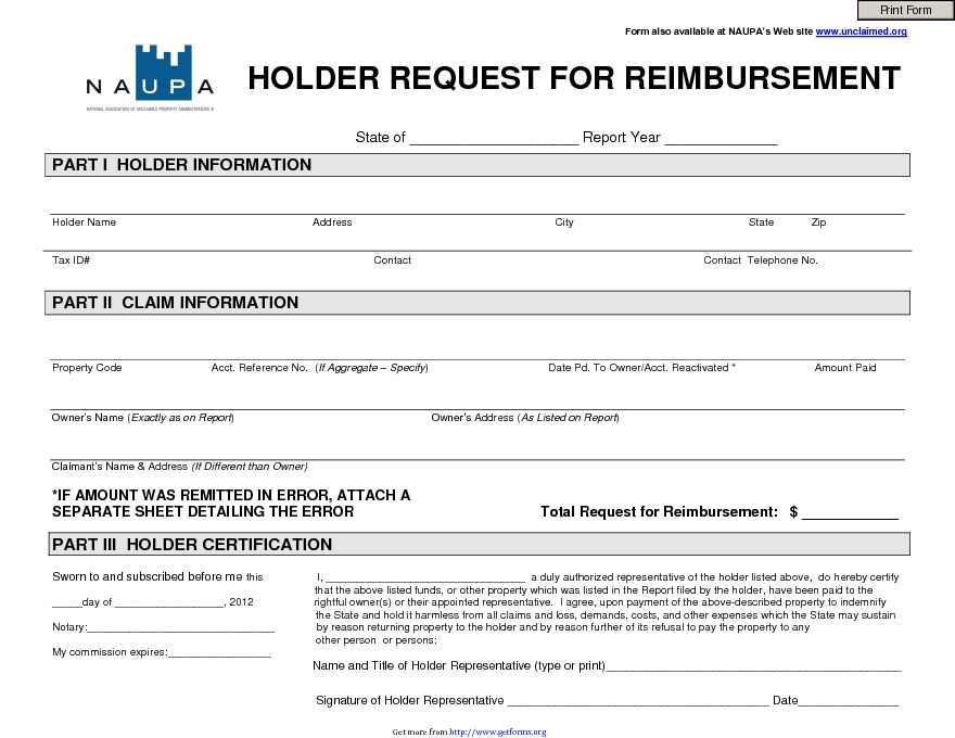 Holder Request for Reimbursement