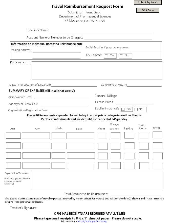 Travel Reimbursement Form Template