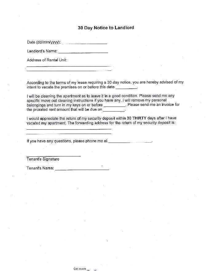 30 Day Notice to Landlord