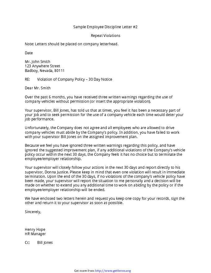 Sample Employee Discipline Letter 30 Day Notice