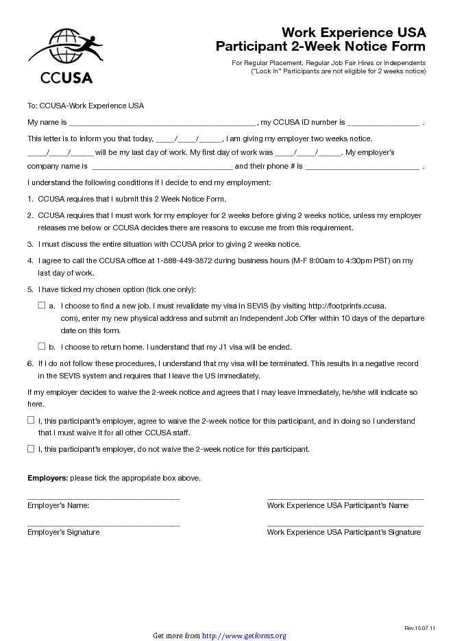 Work Experience USA Participant 2-Week Notice Form