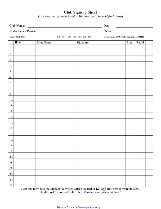 Club Sign up Sheet Template