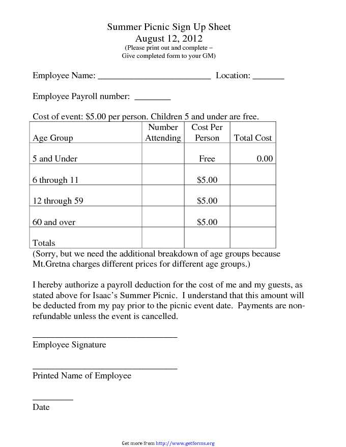 Picnic Sign up Sheet Template