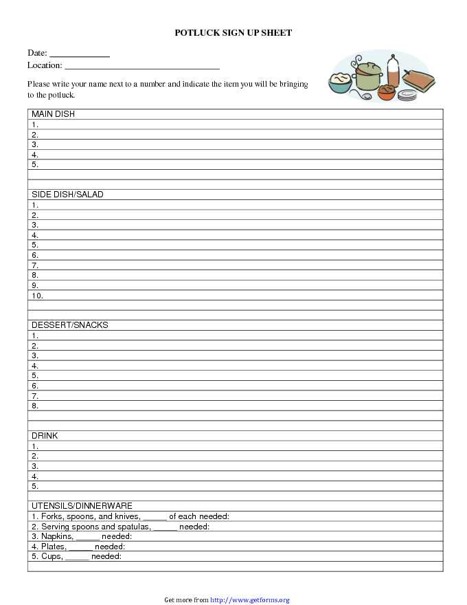 Potluck Sign up Sheet