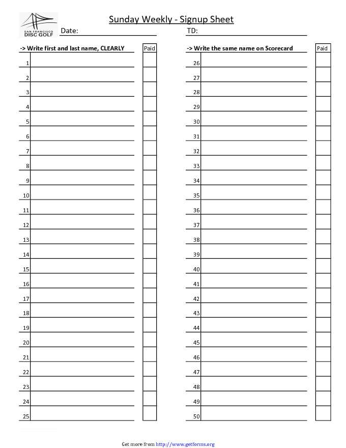 Weekly Sign up Sheet Template