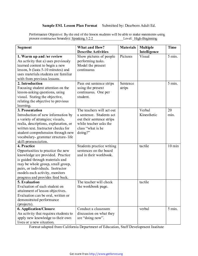 Sample Lesson Plan Format