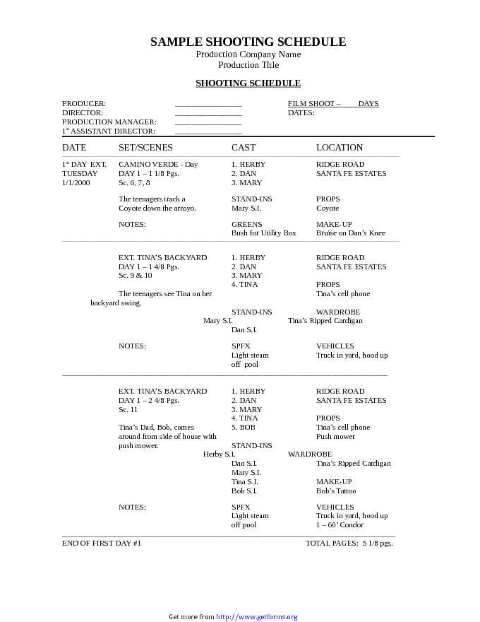 Sample Shooting Schedule