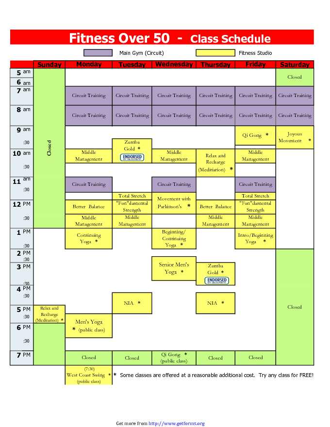 Fitness Class Schedule Template