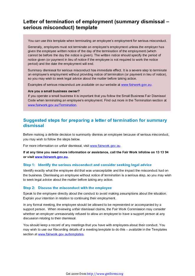 Letter of Termination of Employment (Summary Dismissal - Serious Misconduct) Template