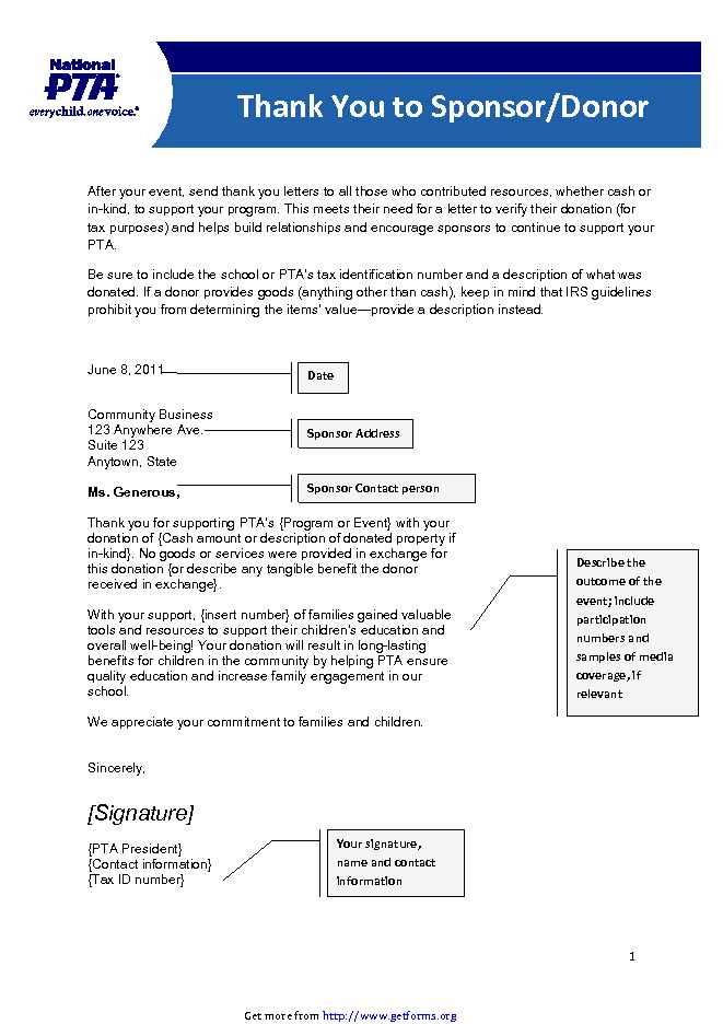 Thank You Letter for Sponsors/Donors